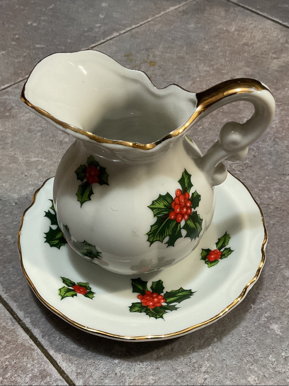 Lefton White Ceramic Pitcher & Saucer with Red Holly Berries and Green Leaves